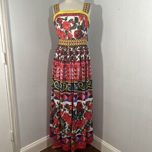 Lai Meng Five Cats Maxi‎ Dress Womens Large Red Abstract Beach Sleeveless